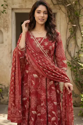 red pure cotton anarkali angrakha kurta set