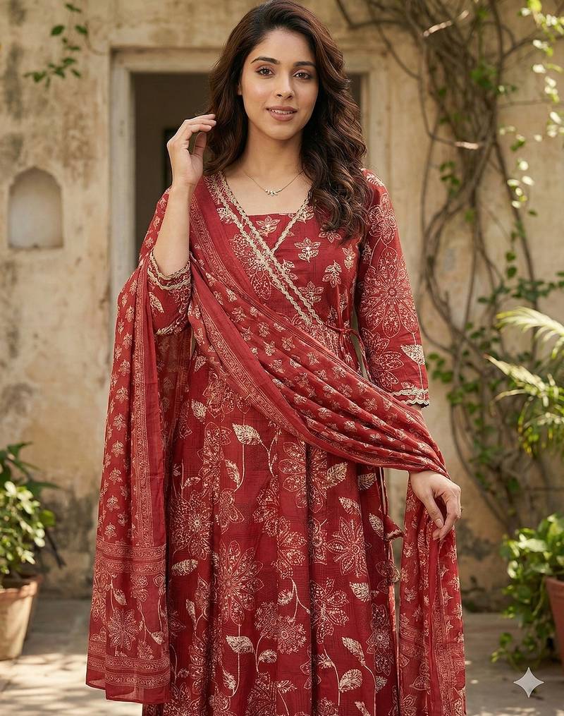 Anouk red pure cotton anarkali angrakha kurta set