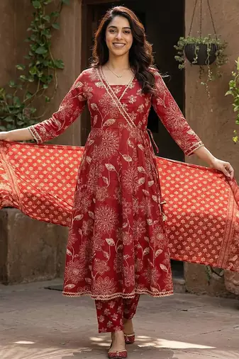 red pure cotton anarkali angrakha kurta set