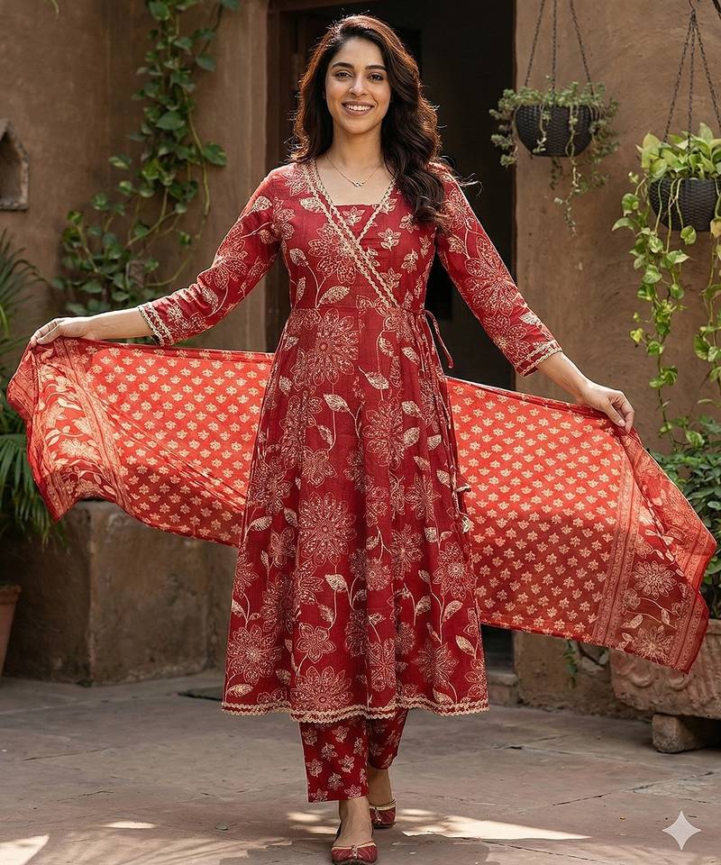 Anouk red pure cotton anarkali angrakha kurta set