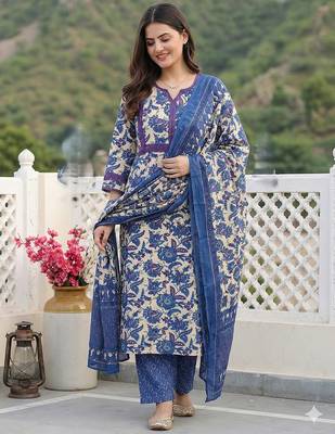 blue pure cotton straight regular kurta set 1