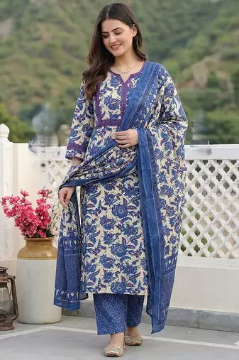 Anouk blue pure cotton straight regular kurta set