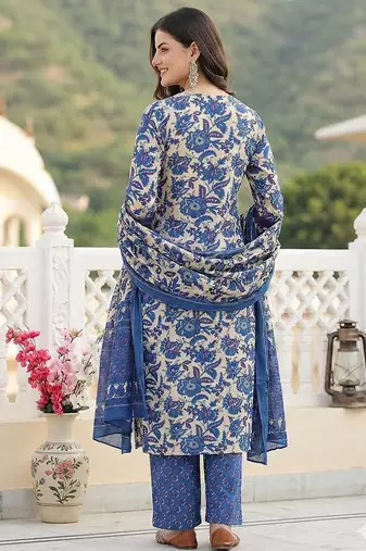 blue pure cotton straight regular kurta set
