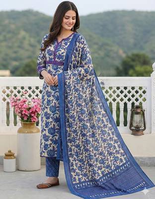 blue pure cotton straight regular kurta set 3