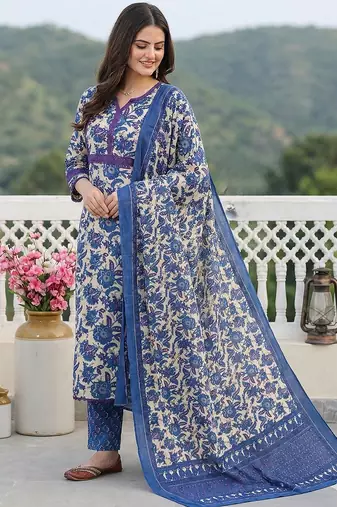 blue pure cotton straight regular kurta set