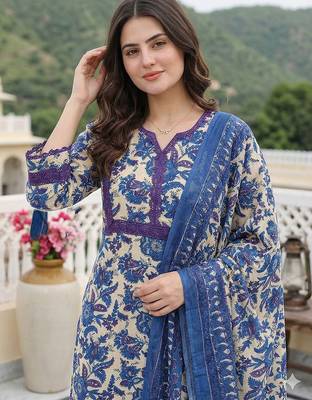 blue pure cotton straight regular kurta set 4