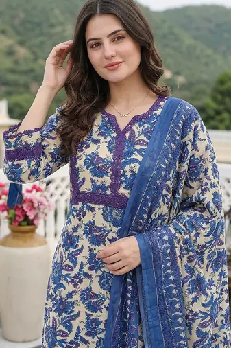 blue pure cotton straight regular kurta set
