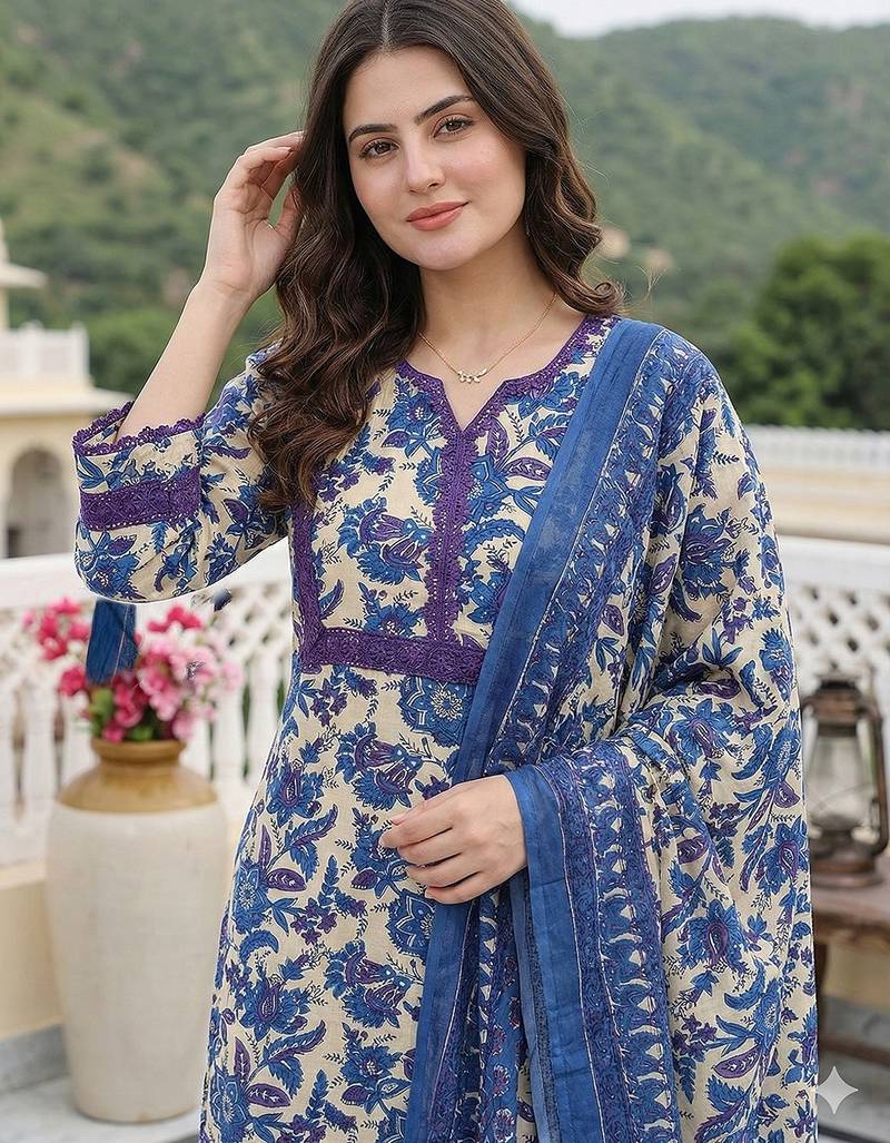 Anouk blue pure cotton straight regular kurta set