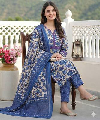 blue pure cotton straight regular kurta set 5