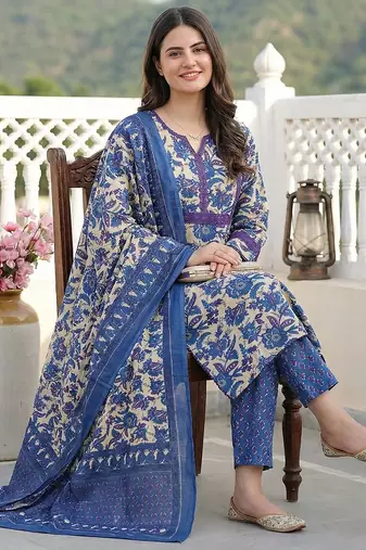 blue pure cotton straight regular kurta set