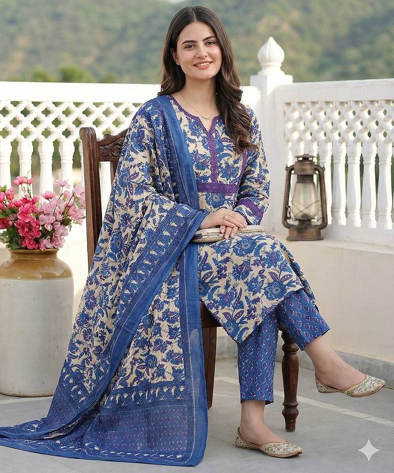 Anouk blue pure cotton straight regular kurta set