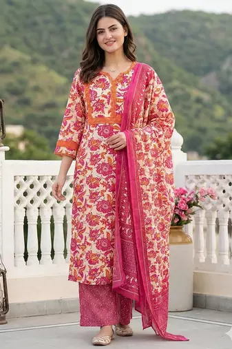 Anouk pink pure cotton straight regular kurta set