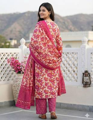 pink pure cotton straight regular kurta set 2