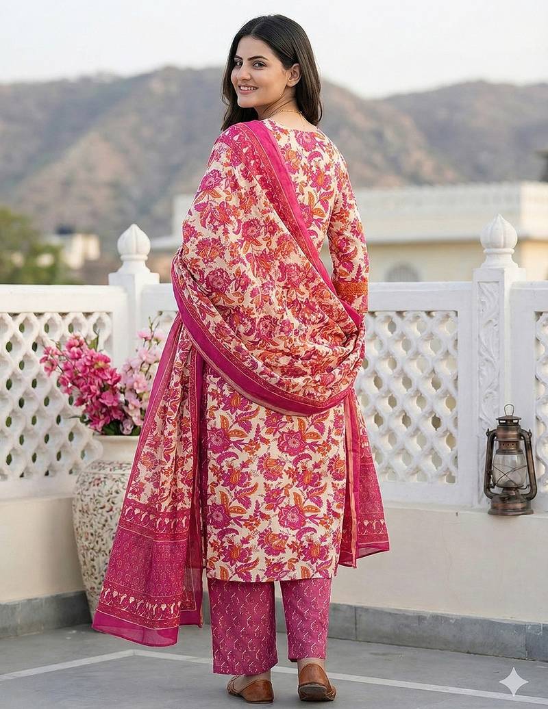 Anouk pink pure cotton straight regular kurta set