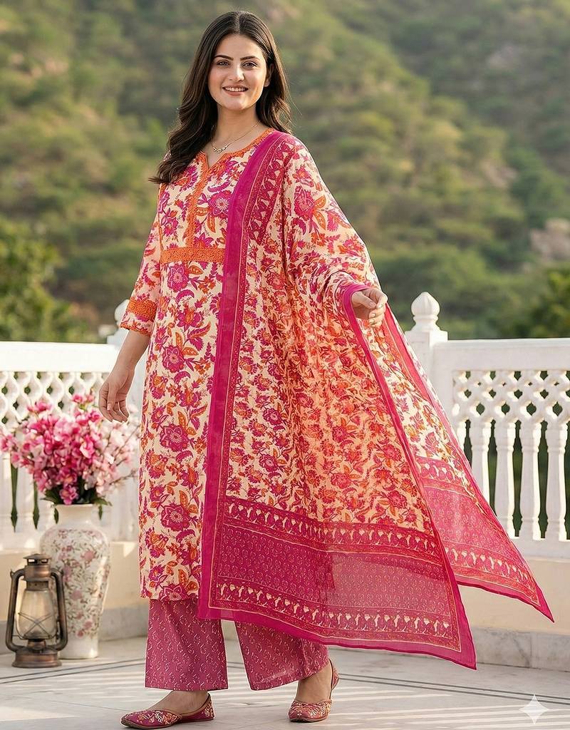 Anouk pink pure cotton straight regular kurta set