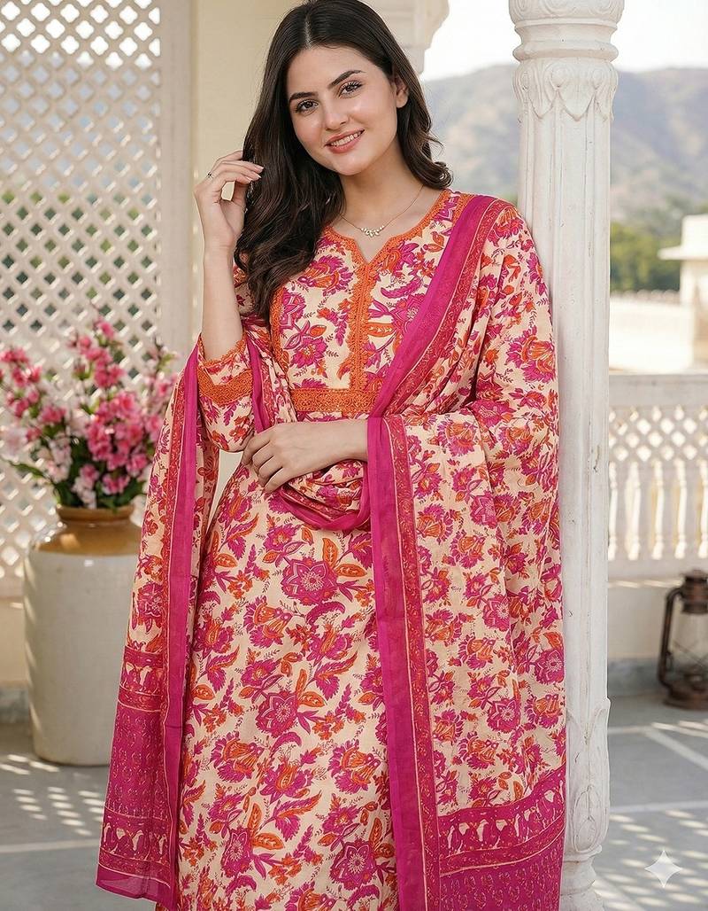 Anouk pink pure cotton straight regular kurta set