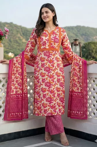 pink pure cotton straight regular kurta set