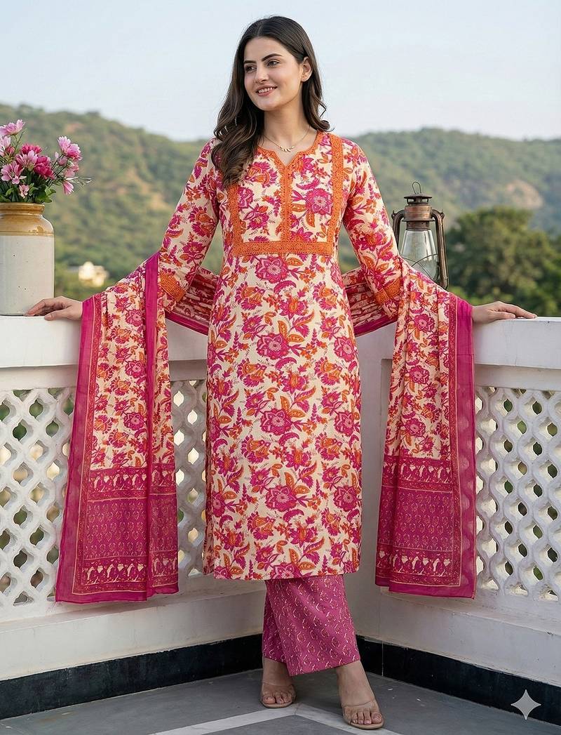 Anouk pink pure cotton straight regular kurta set