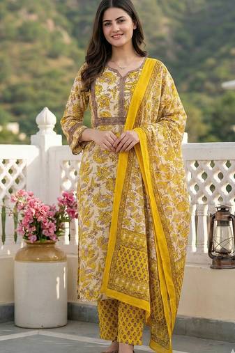 Anouk yellow pure cotton straight regular kurta set