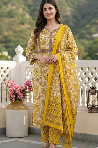 Anouk yellow pure cotton straight regular kurta set