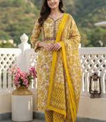 Anouk yellow pure cotton straight regular kurta set