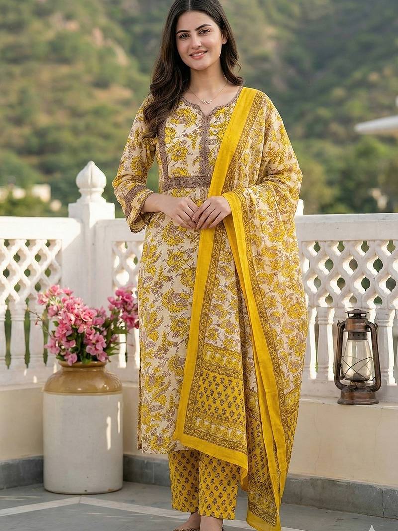 Anouk yellow pure cotton straight regular kurta set