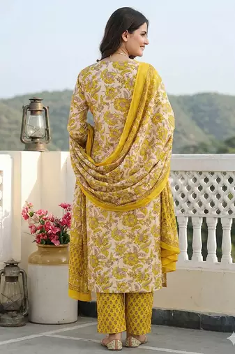 yellow pure cotton straight regular kurta set