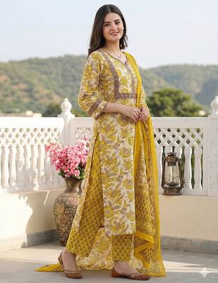 yellow pure cotton straight regular kurta set 3