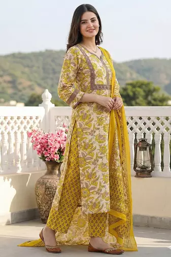 yellow pure cotton straight regular kurta set