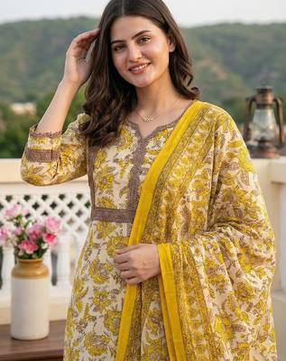 yellow pure cotton straight regular kurta set 4