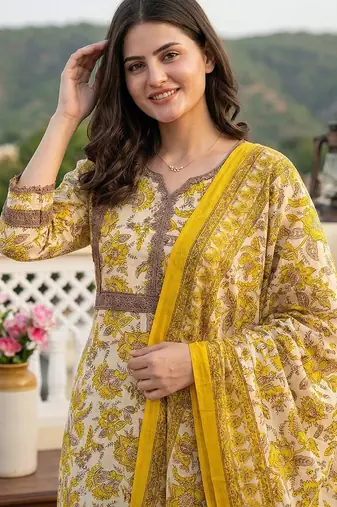 yellow pure cotton straight regular kurta set