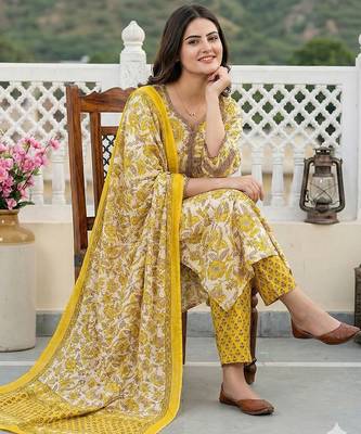 yellow pure cotton straight regular kurta set 5