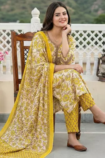 yellow pure cotton straight regular kurta set