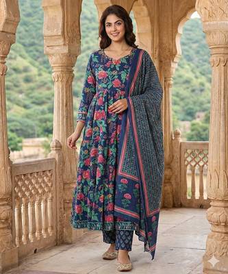 blue and pink pure cotton anarkali tierd kurta set 1