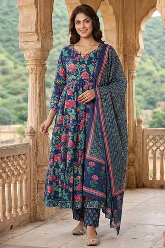 Anouk blue and pink pure cotton anarkali tierd kurta set