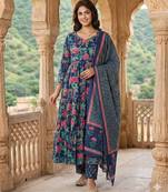 Anouk blue and pink pure cotton anarkali tierd kurta set
