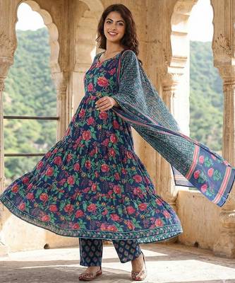 blue and pink pure cotton anarkali tierd kurta set 2