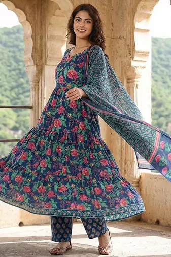 blue and pink pure cotton anarkali tierd kurta set