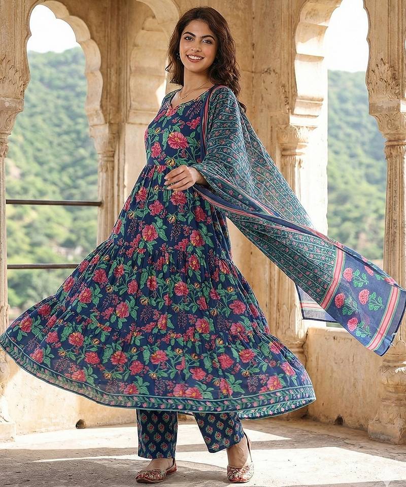 Anouk blue and pink pure cotton anarkali tierd kurta set
