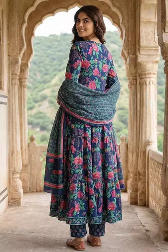 blue and pink pure cotton anarkali tierd kurta set
