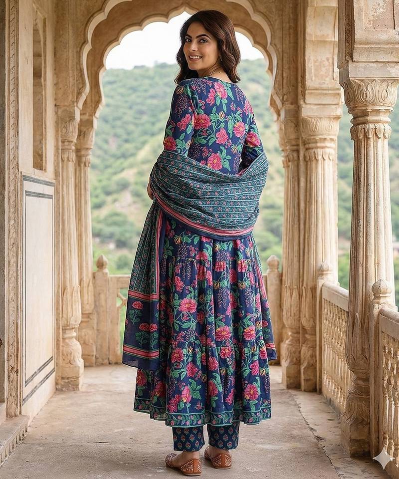 Anouk blue and pink pure cotton anarkali tierd kurta set