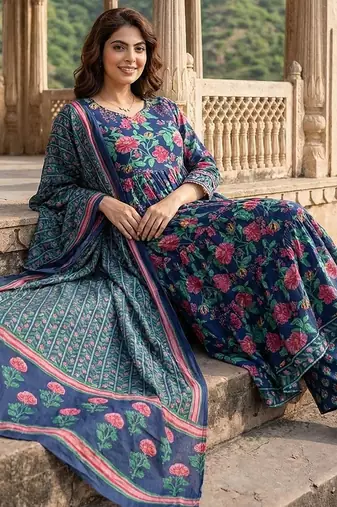blue and pink pure cotton anarkali tierd kurta set