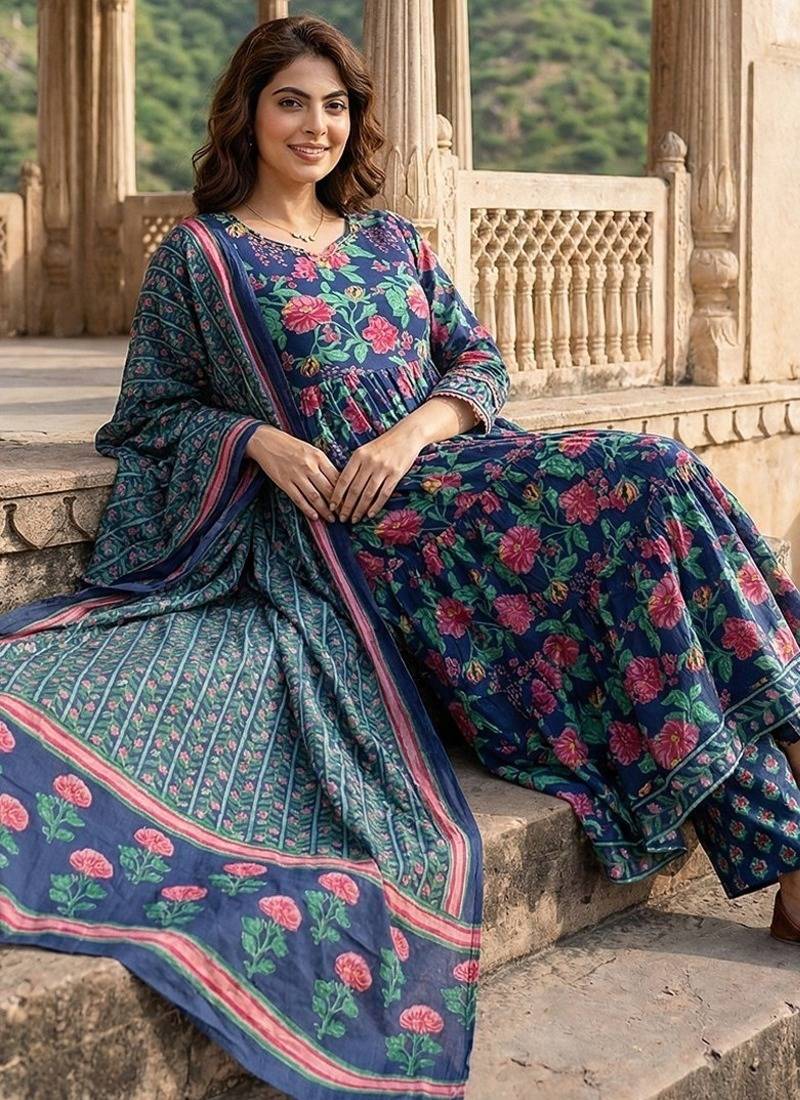 Anouk blue and pink pure cotton anarkali tierd kurta set