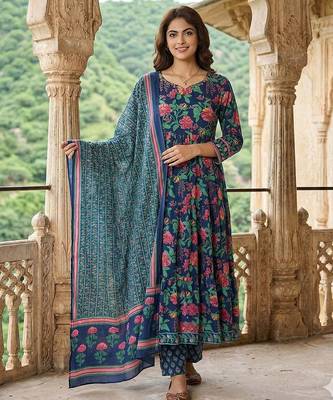 blue and pink pure cotton anarkali tierd kurta set 5