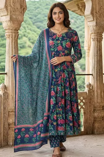 blue and pink pure cotton anarkali tierd kurta set