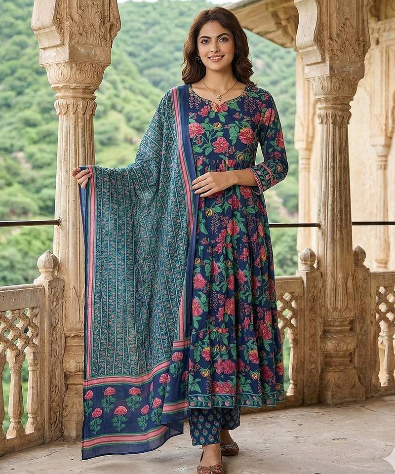 Anouk blue and pink pure cotton anarkali tierd kurta set