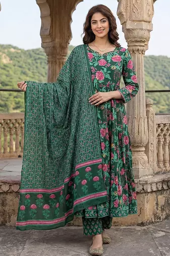 Anouk green and pink pure cotton anarkali tierd kurta set