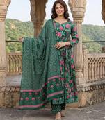 Anouk green and pink pure cotton anarkali tierd kurta set