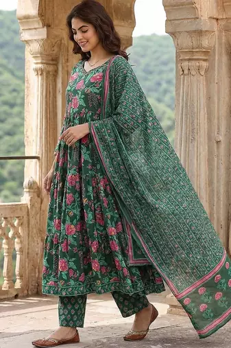 green and pink pure cotton anarkali tierd kurta set