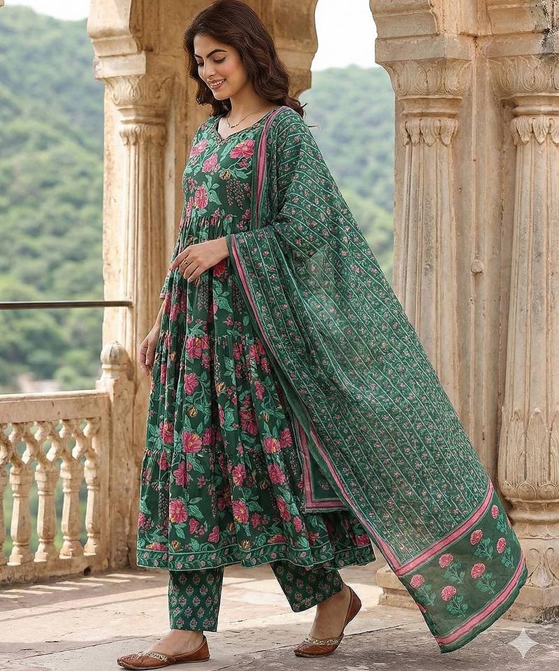 Anouk green and pink pure cotton anarkali tierd kurta set